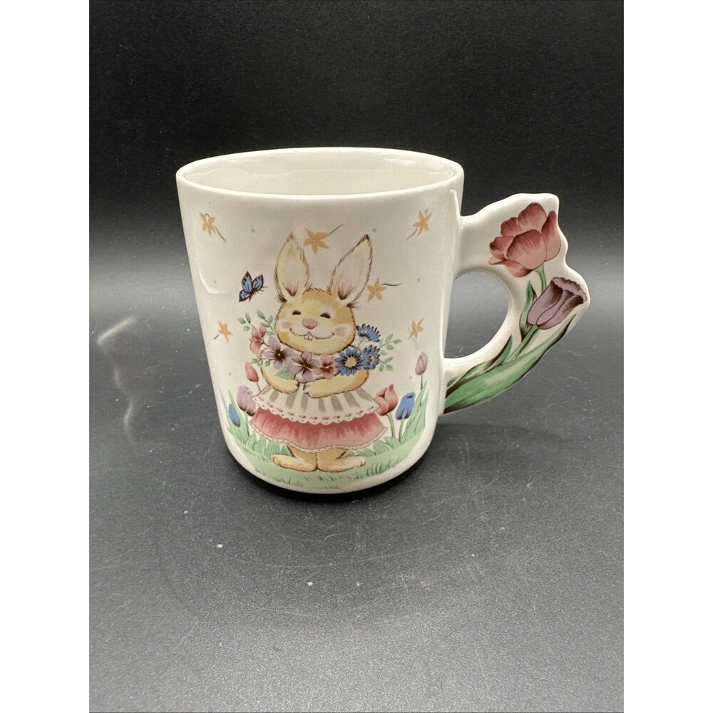 Bunny Coffee Mug Tulip Handle Easter Spring Time Tea Cup Pastel Flowers Rabbit